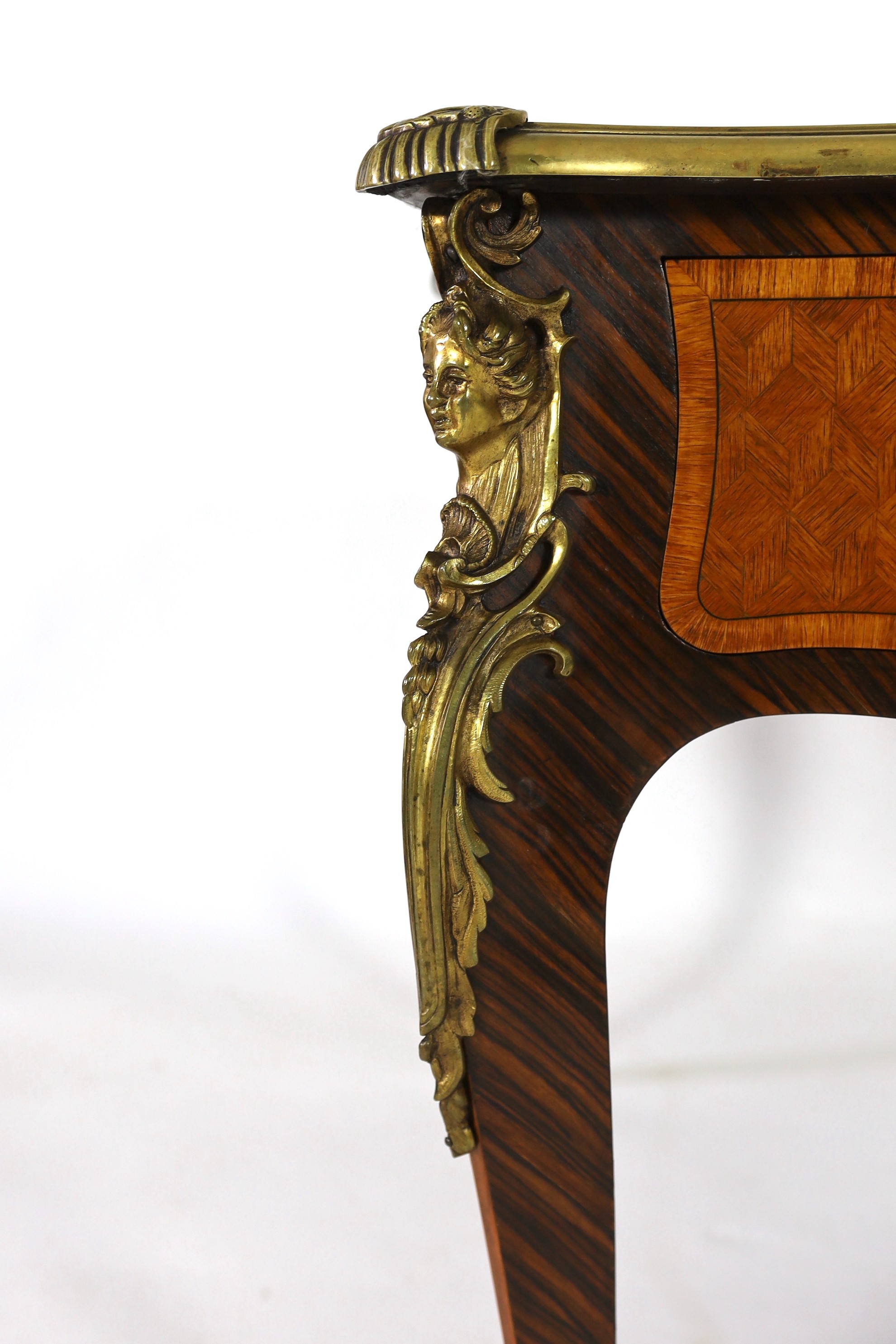 A Louis XVI style kingwood and parquetry bureau plat 166 x 90cm. Height 78cm.